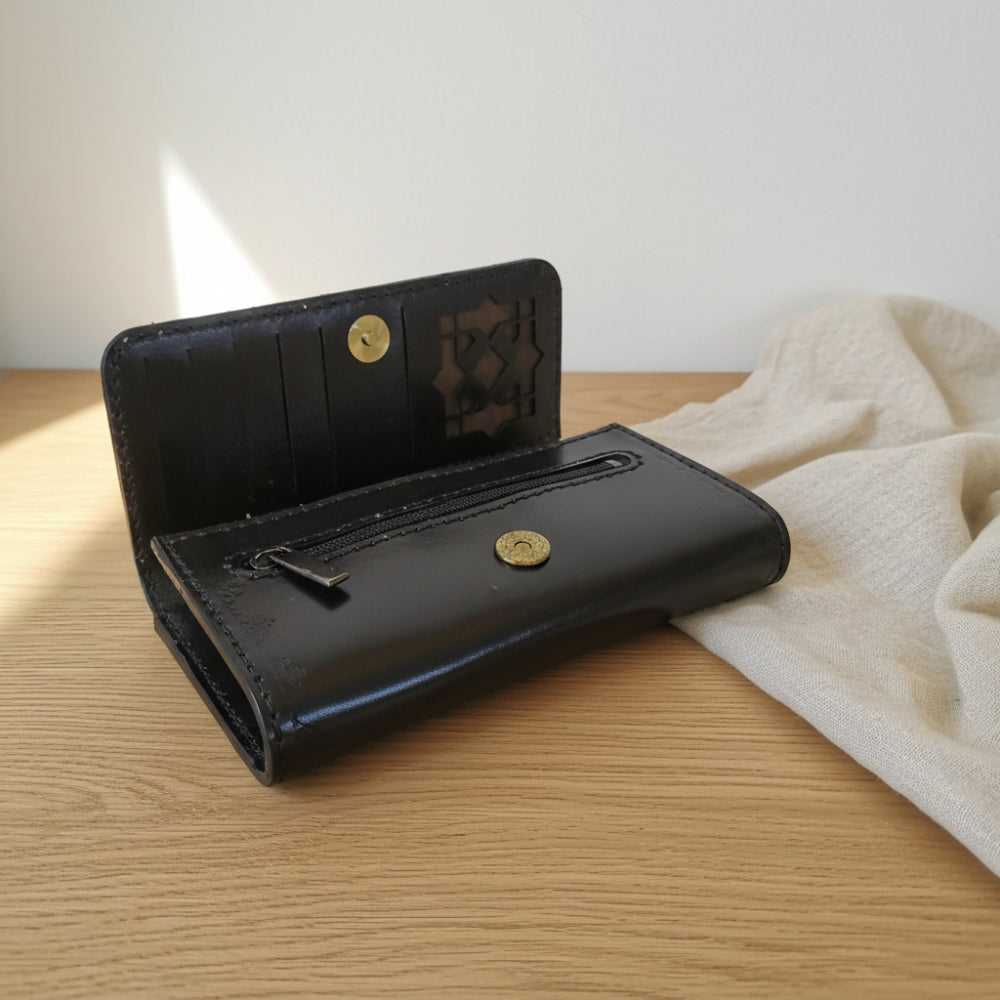 بورتفية دق لون اسود جلد طبيعي يدوي 100%