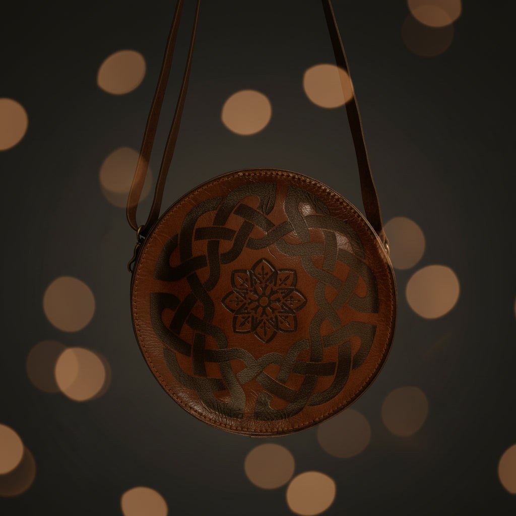 شنطة دائرية لون هافان جلد بقري